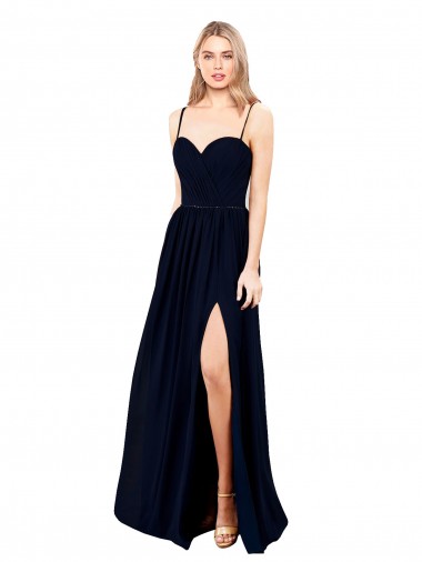 Boutique Bleu marine foncé Trapèze Bretelles spaghetti Mousseline Longue Formelles Robes demoiselle d'honneur / Robes de soirée