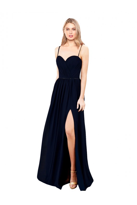 Boutique Bleu marine foncé Trapèze Bretelles spaghetti Mousseline Longue Formelles Robes demoiselle d'honneur / Robes de soirée