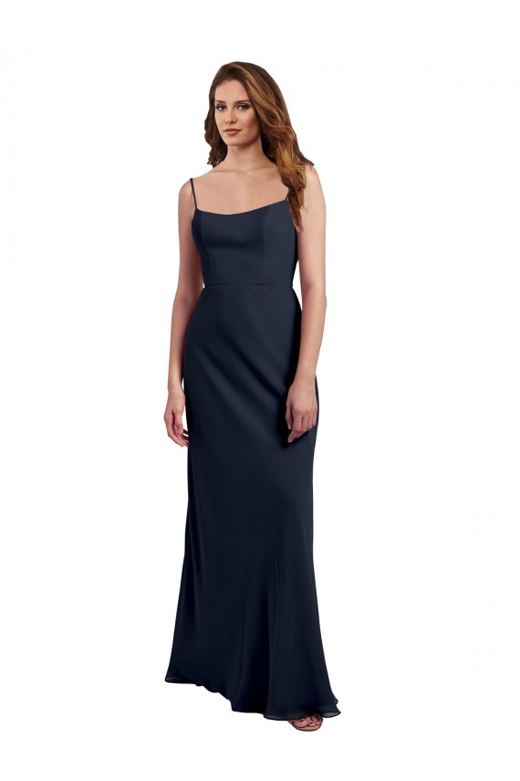 Boutique Bleu marine foncé Trapèze Bretelles spaghetti Scoop Mousseline Longue Robes demoiselle d'honneur