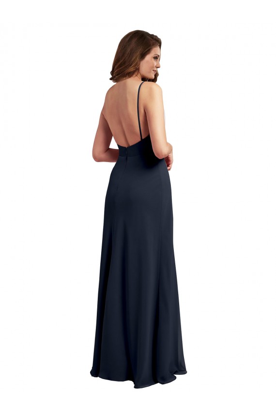 Boutique Bleu marine foncé Trapèze Bretelles spaghetti Scoop Mousseline Longue Robes demoiselle d'honneur