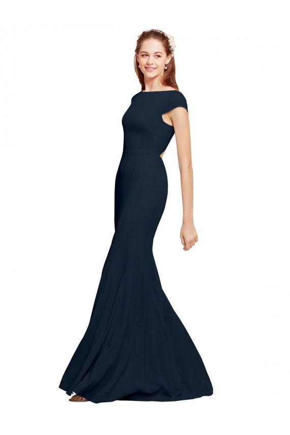 Boutique Bleu marine foncé Trapèze Col Bateau Crêpe Stretch Longue Formelles Robes demoiselle d'honneur / Robes de soirée / Robes de bal