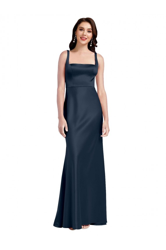 Boutique Bleu marine foncé Trapèze Col Carré Satiné Stretch Longue Formelles Robes demoiselle d'honneur / Robes de soirée / Robes de bal
