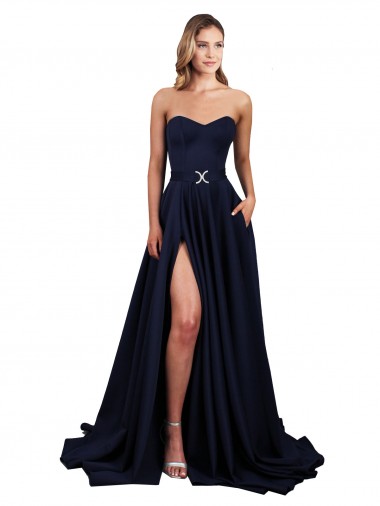 Boutique Bleu marine foncé Trapèze Col Haut Crêpe Stretch Longue Formelles Robes demoiselle d'honneur / Robes de soirée / Robes de bal