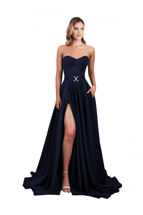 Boutique Bleu marine foncé Trapèze Col Haut Crêpe Stretch Longue Formelles Robes demoiselle d'honneur / Robes de soirée / Robes de bal