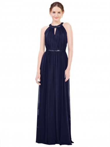 Boutique Bleu marine foncé Trapèze Col Haut Mousseline Longue Robes demoiselle d'honneur