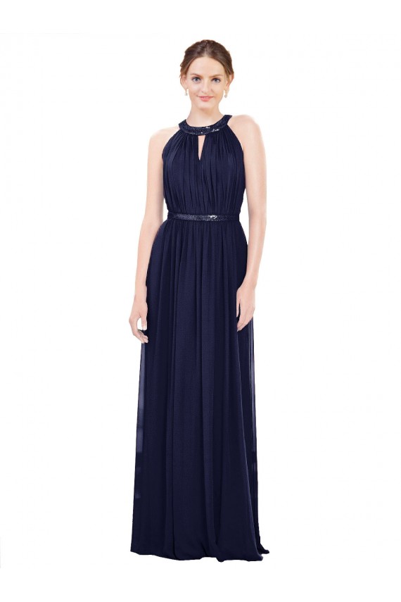 Boutique Bleu marine foncé Trapèze Col Haut Mousseline Longue Robes demoiselle d'honneur