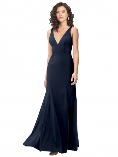 Boutique Bleu marine foncé Trapèze Col V Crêpe Stretch Longue Formelles Robes demoiselle d'honneur / Robes de soirée / Robes de bal