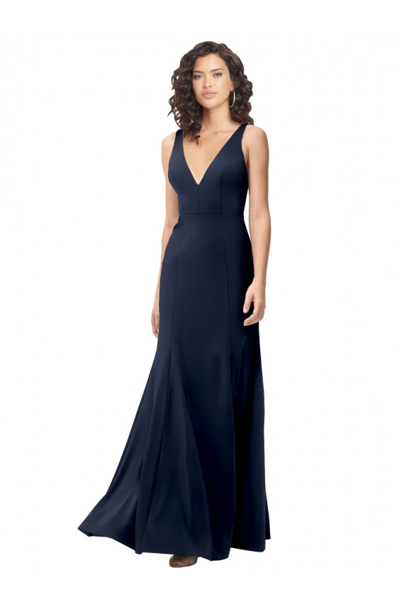 Boutique Bleu marine foncé Trapèze Col V Crêpe Stretch Longue Formelles Robes demoiselle d'honneur / Robes de soirée / Robes de bal