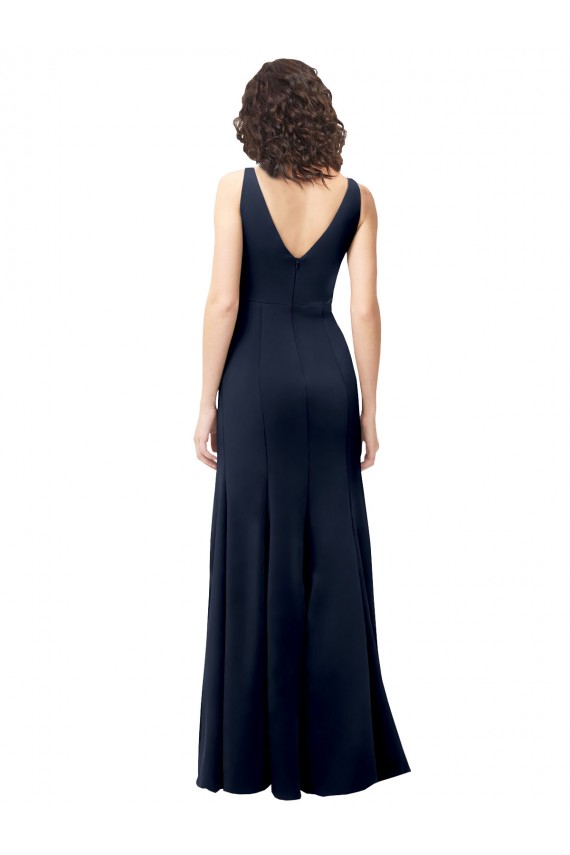 Boutique Bleu marine foncé Trapèze Col V Crêpe Stretch Longue Formelles Robes demoiselle d'honneur / Robes de soirée / Robes de bal