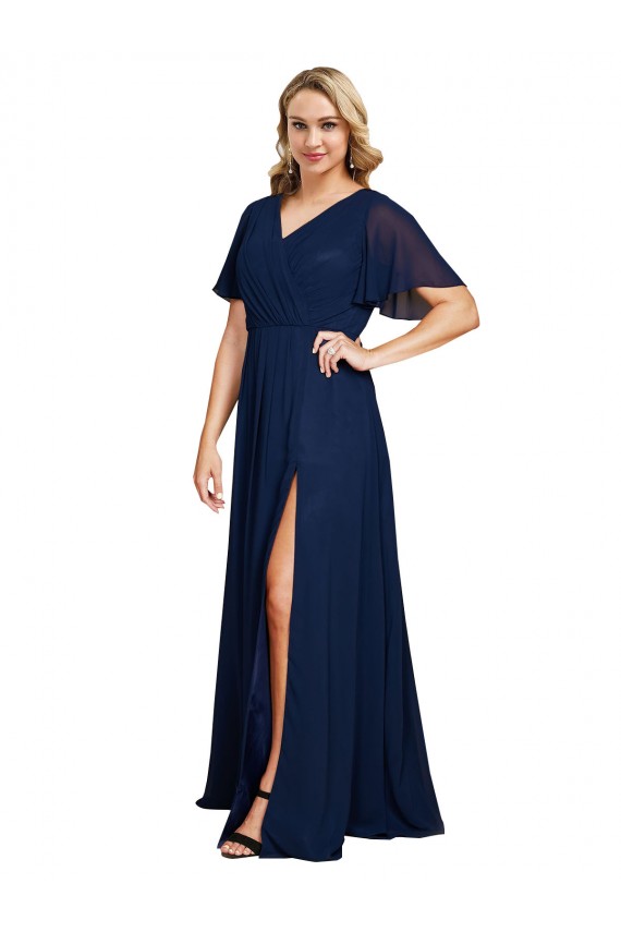 Boutique Bleu marine foncé Trapèze Col V Mousseline Longue Formelles Robes demoiselle d'honneur / Robes de soirée / Robes de bal