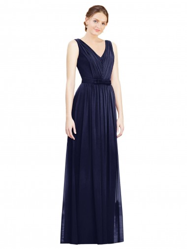 Boutique Bleu marine foncé Trapèze Col V Mousseline Longue Robes demoiselle d'honneur