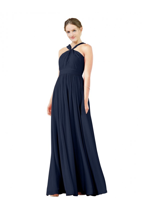 Boutique Bleu marine foncé Trapèze Col V Mousseline Longue Robes demoiselle d'honneur