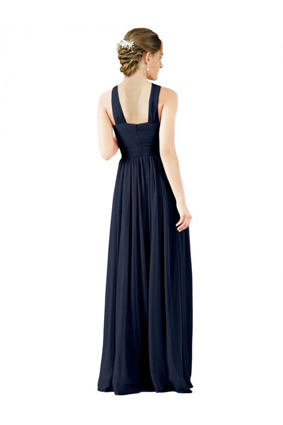 Boutique Bleu marine foncé Trapèze Col V Mousseline Longue Robes demoiselle d'honneur