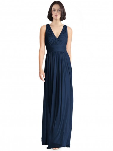 Boutique Bleu marine foncé Trapèze Col V Mousseline Longue Robes demoiselle d'honneur