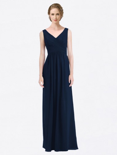 Boutique Bleu marine foncé Trapèze Col V Mousseline Longue Robes demoiselle d'honneur