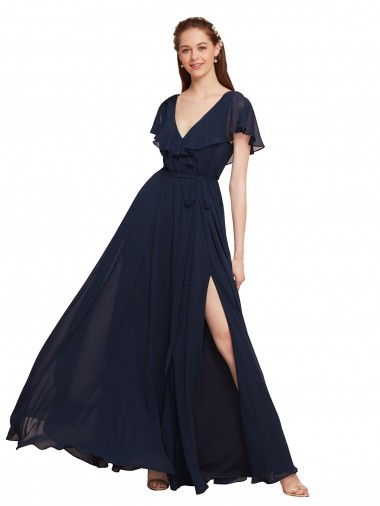 Boutique Bleu marine foncé Trapèze Col V Mousseline Longue Robes demoiselle d'honneur