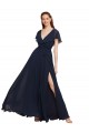 Boutique Bleu marine foncé Trapèze Col V Mousseline Longue Robes demoiselle d'honneur