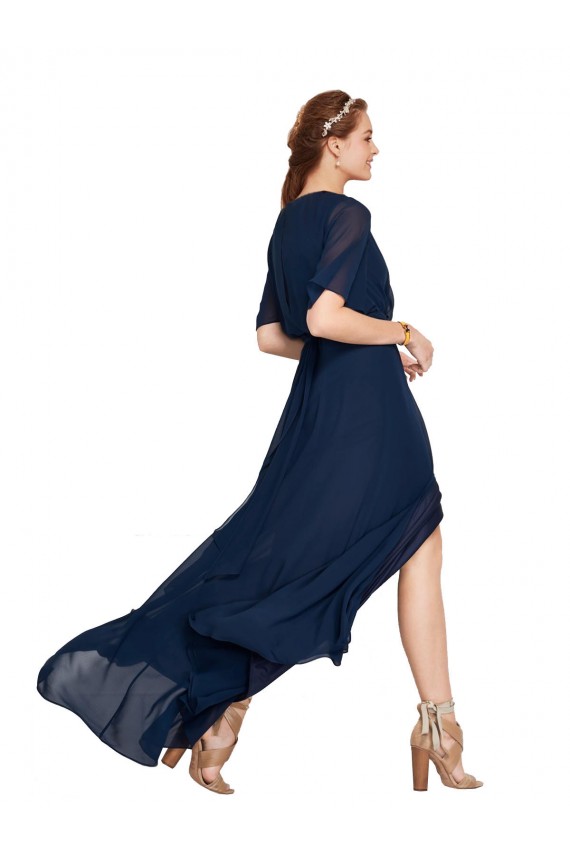 Boutique Bleu marine foncé Trapèze Col V Mousseline Longue Robes demoiselle d'honneur