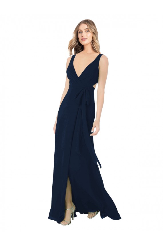 Boutique Bleu marine foncé Trapèze Col V Mousseline Longue Robes demoiselle d'honneur