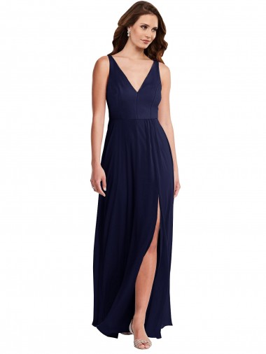 Boutique Bleu marine foncé Trapèze Col V Mousseline Longue Robes demoiselle d'honneur