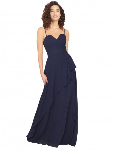 Boutique Bleu marine foncé Trapèze Col V Mousseline Longue Robes demoiselle d'honneur