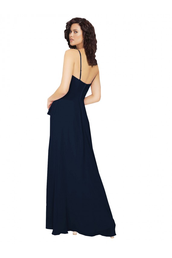 Boutique Bleu marine foncé Trapèze Col V Mousseline Longue Robes demoiselle d'honneur
