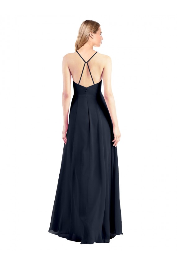 Boutique Bleu marine foncé Trapèze Col V Mousseline Longue Robes demoiselle d'honneur / Robes de bal