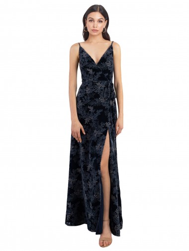 Boutique Bleu marine foncé Trapèze Col V Velours Floral Velours Stretch Longue Robes demoiselle d'honneur