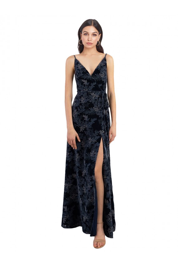 Boutique Bleu marine foncé Trapèze Col V Velours Floral Velours Stretch Longue Robes demoiselle d'honneur