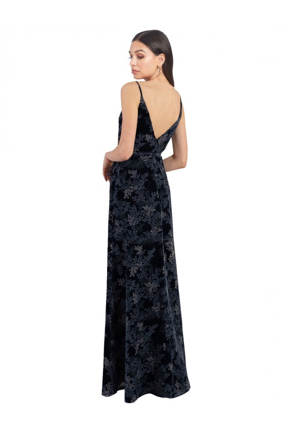 Boutique Bleu marine foncé Trapèze Col V Velours Floral Velours Stretch Longue Robes demoiselle d'honneur