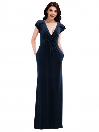 Boutique Bleu marine foncé Trapèze Col V Velours Stretch Longue Formelles Robes demoiselle d'honneur / Robes de soirée / Robes de bal