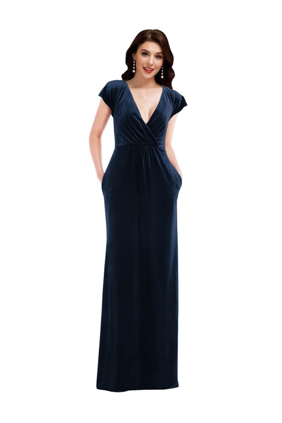 Boutique Bleu marine foncé Trapèze Col V Velours Stretch Longue Formelles Robes demoiselle d'honneur / Robes de soirée / Robes de bal