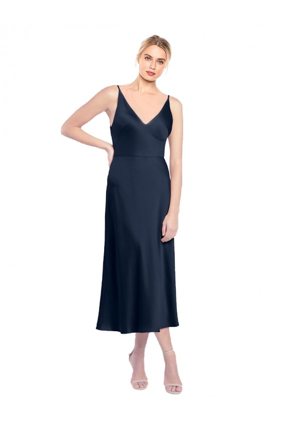 Boutique Bleu marine foncé Trapèze Col V midi Satiné Stretch Courte Robes demoiselle d'honneur / Robes de soirée / Robes de cocktail