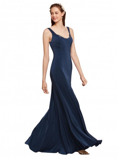 Boutique Bleu marine foncé Trapèze Col rond Crêpe Stretch Longue Formelles Robes demoiselle d'honneur / Robes de soirée / Robes de bal