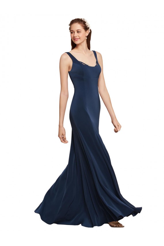 Boutique Bleu marine foncé Trapèze Col rond Crêpe Stretch Longue Formelles Robes demoiselle d'honneur / Robes de soirée / Robes de bal