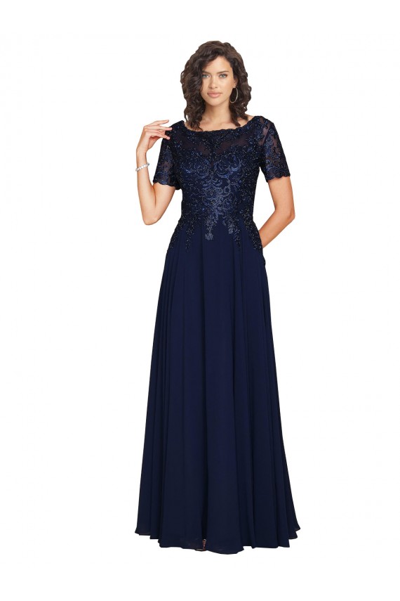 Boutique Bleu marine foncé Trapèze Col rond Mousseline Longue Robes demoiselle d'honneur / Robes de bal