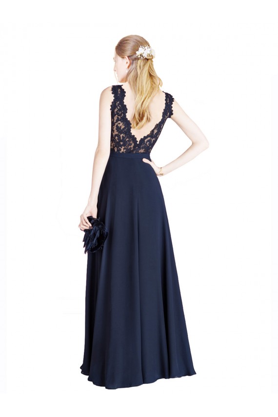 Boutique Bleu marine foncé Trapèze Illusion Mousseline Dentelle Longue Robes demoiselle d'honneur / Robes de bal