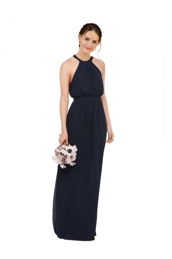 Boutique Bleu marine foncé Trapèze Licou Col Haut Mousseline Longue Robes demoiselle d'honneur