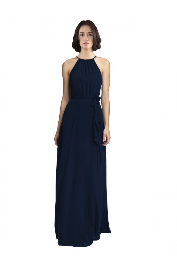 Boutique Bleu marine foncé Trapèze Licou Col Haut Mousseline Longue Robes demoiselle d'honneur