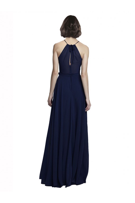 Boutique Bleu marine foncé Trapèze Licou Col Haut Mousseline Longue Robes demoiselle d'honneur