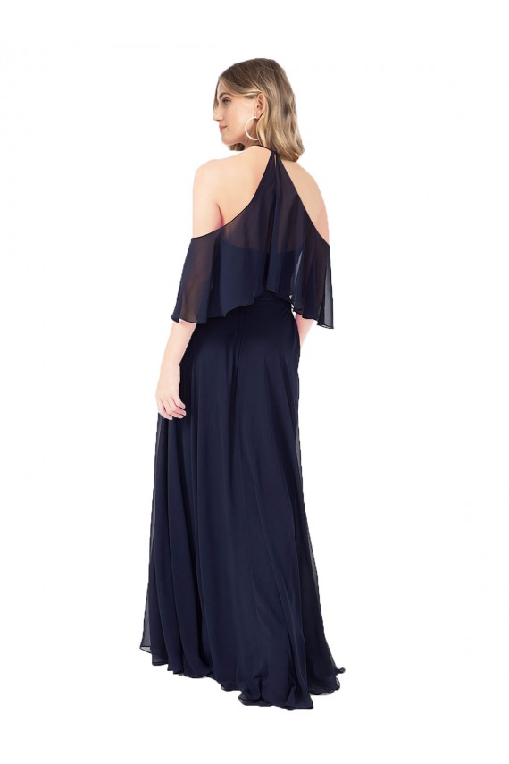 Boutique Bleu marine foncé Trapèze Licou Col Haut Mousseline Longue Robes demoiselle d'honneur