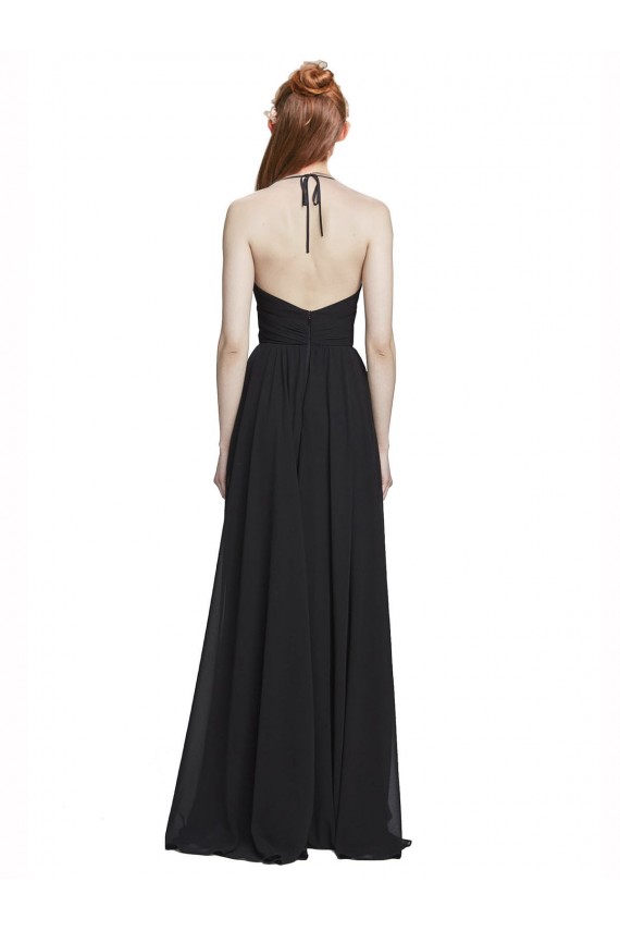 Boutique Bleu marine foncé Trapèze Licou Col V Mousseline Longue Robes demoiselle d'honneur