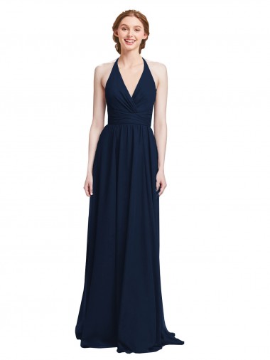 Boutique Bleu marine foncé Trapèze Licou Col V Mousseline Longue Robes demoiselle d'honneur