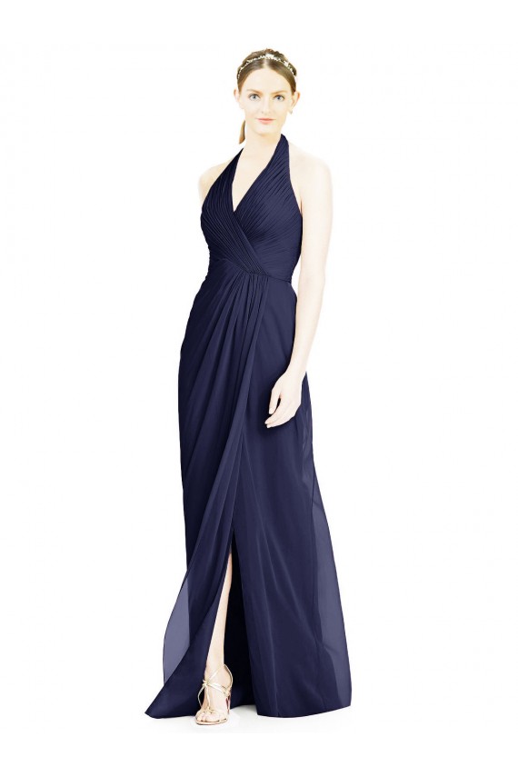 Boutique Bleu marine foncé Trapèze Licou Col V Mousseline Longue Robes demoiselle d'honneur