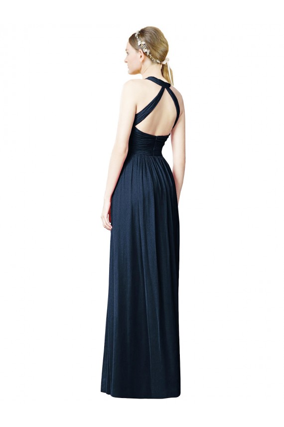 Boutique Bleu marine foncé Trapèze Licou Col V Mousseline Longue Robes demoiselle d'honneur