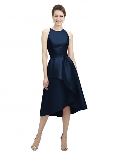 Boutique Bleu marine foncé Trapèze Licou Col bijou Satiné Courte Asymétrique Robes demoiselle d'honneur