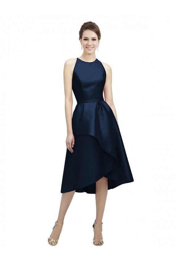 Boutique Bleu marine foncé Trapèze Licou Col bijou Satiné Courte Asymétrique Robes demoiselle d'honneur
