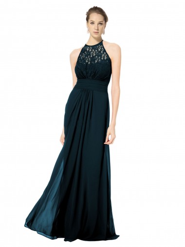 Boutique Bleu marine foncé Trapèze Licou Illusion Mousseline Dentelle Longue Robes demoiselle d'honneur