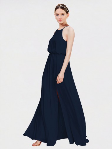 Boutique Bleu marine foncé Trapèze Licou Mousseline Longue Robes demoiselle d'honneur
