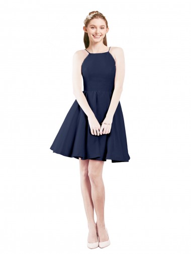 Boutique Bleu marine foncé Trapèze Licou Satiné Courte Robes demoiselle d'honneur / Robes de cocktail